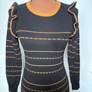 SHEIN Black & Mustard Stripe Ruffle Shoulder Sweater – Size Small